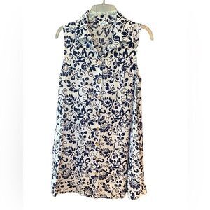 Just Cover Me Sz S Navy Blue White Floral Print Sleeveless Pockets Cotton Dress